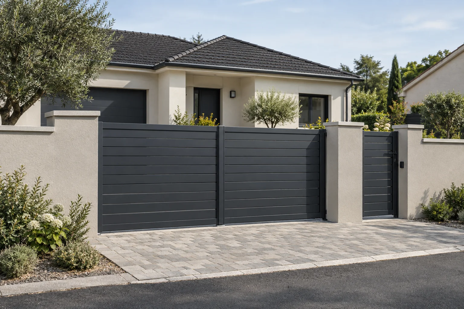 Inspiration : portail anthracite, murets et aménagement d’une entrée de maison